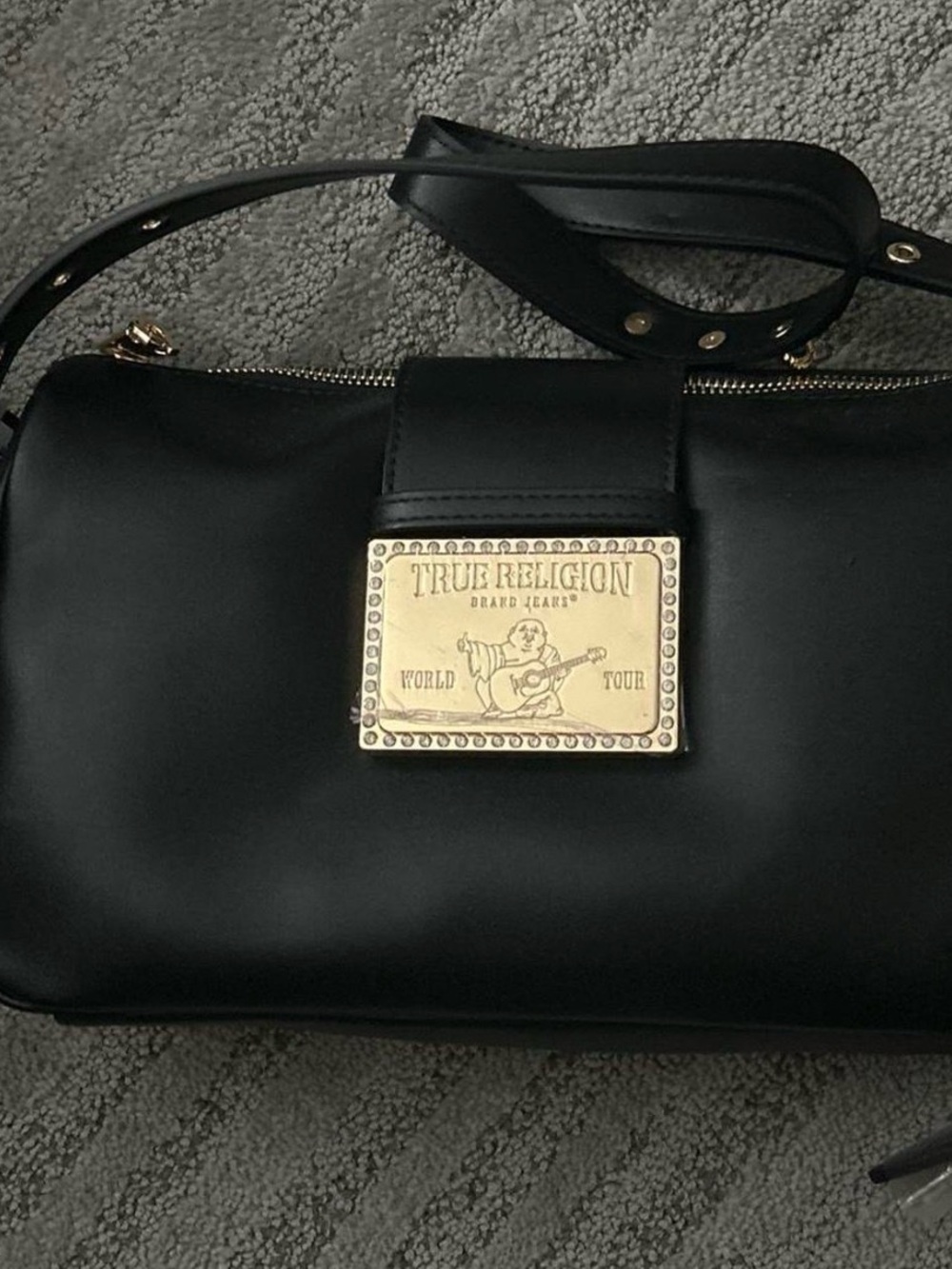 True Religion Black Shoulder Bag with Gold Plaque Accent